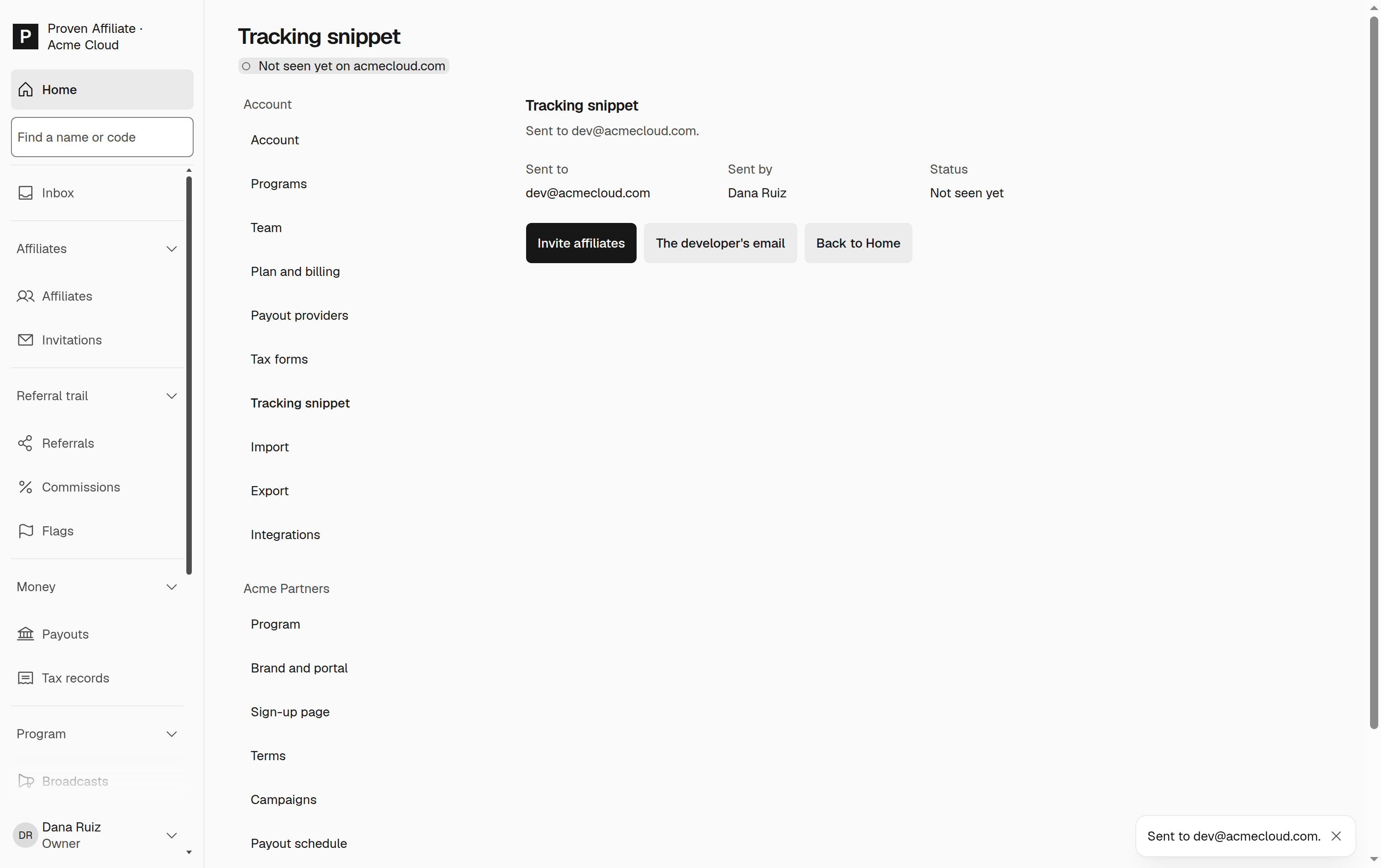 Stripe connected; the tracking snippet sent to your developer