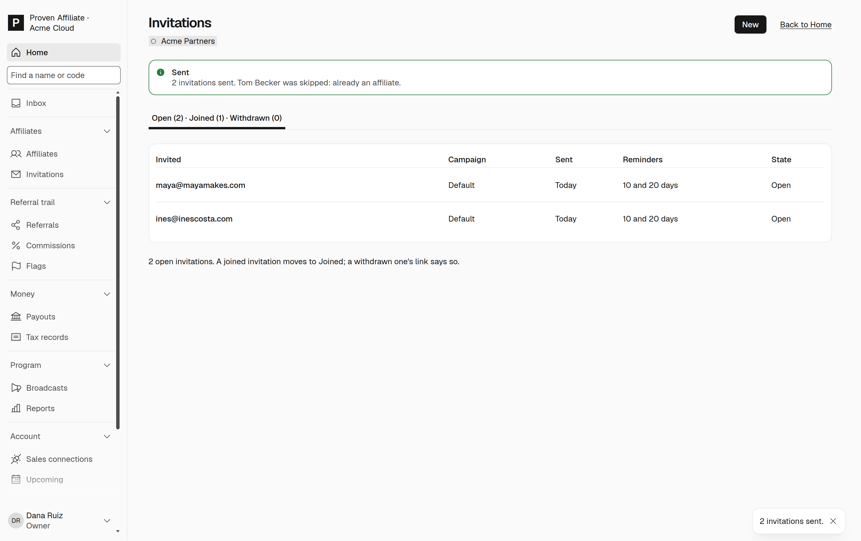 Affiliates invited from a pasted list