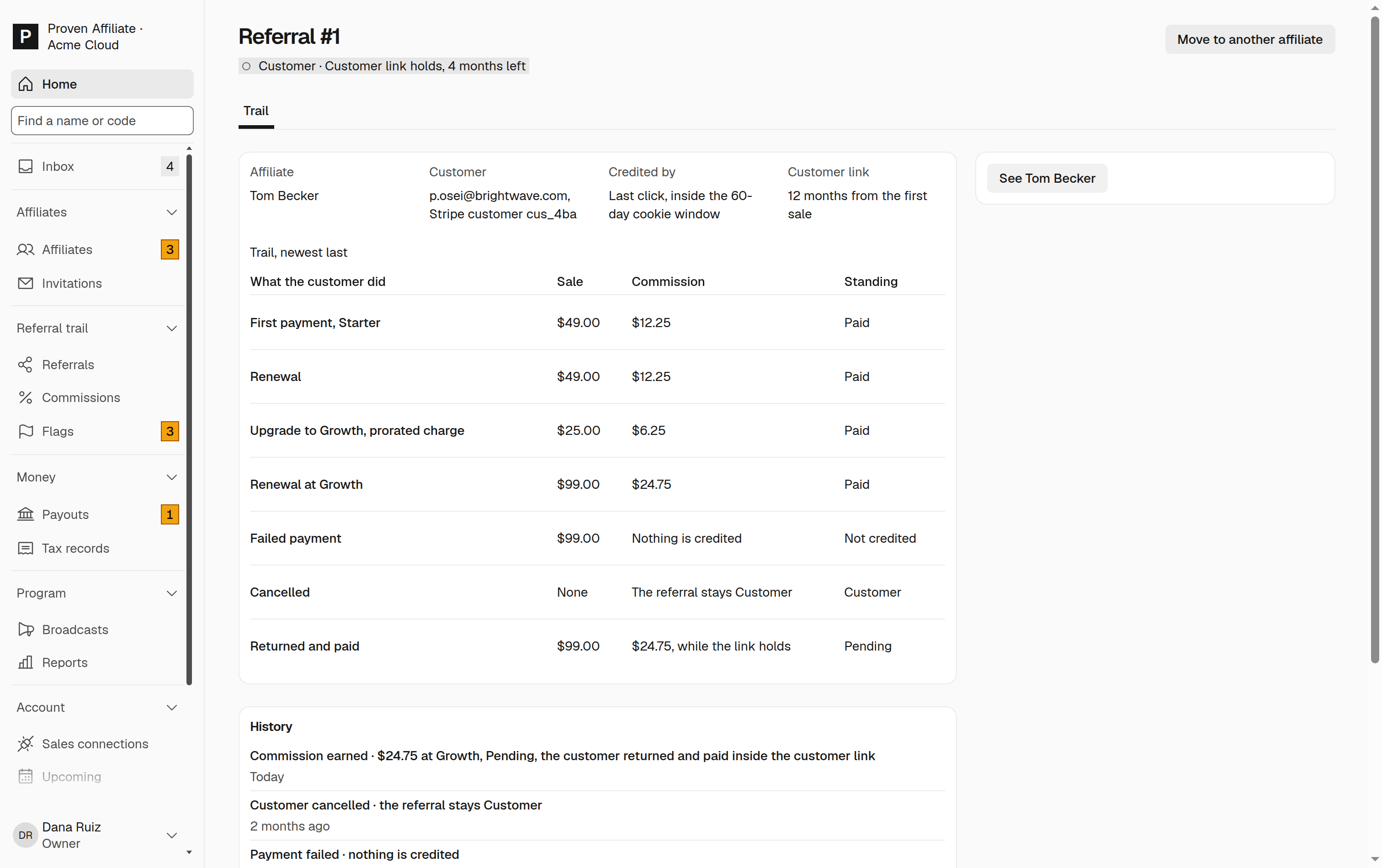 A renewal, an upgrade, and a refund, each on the commission