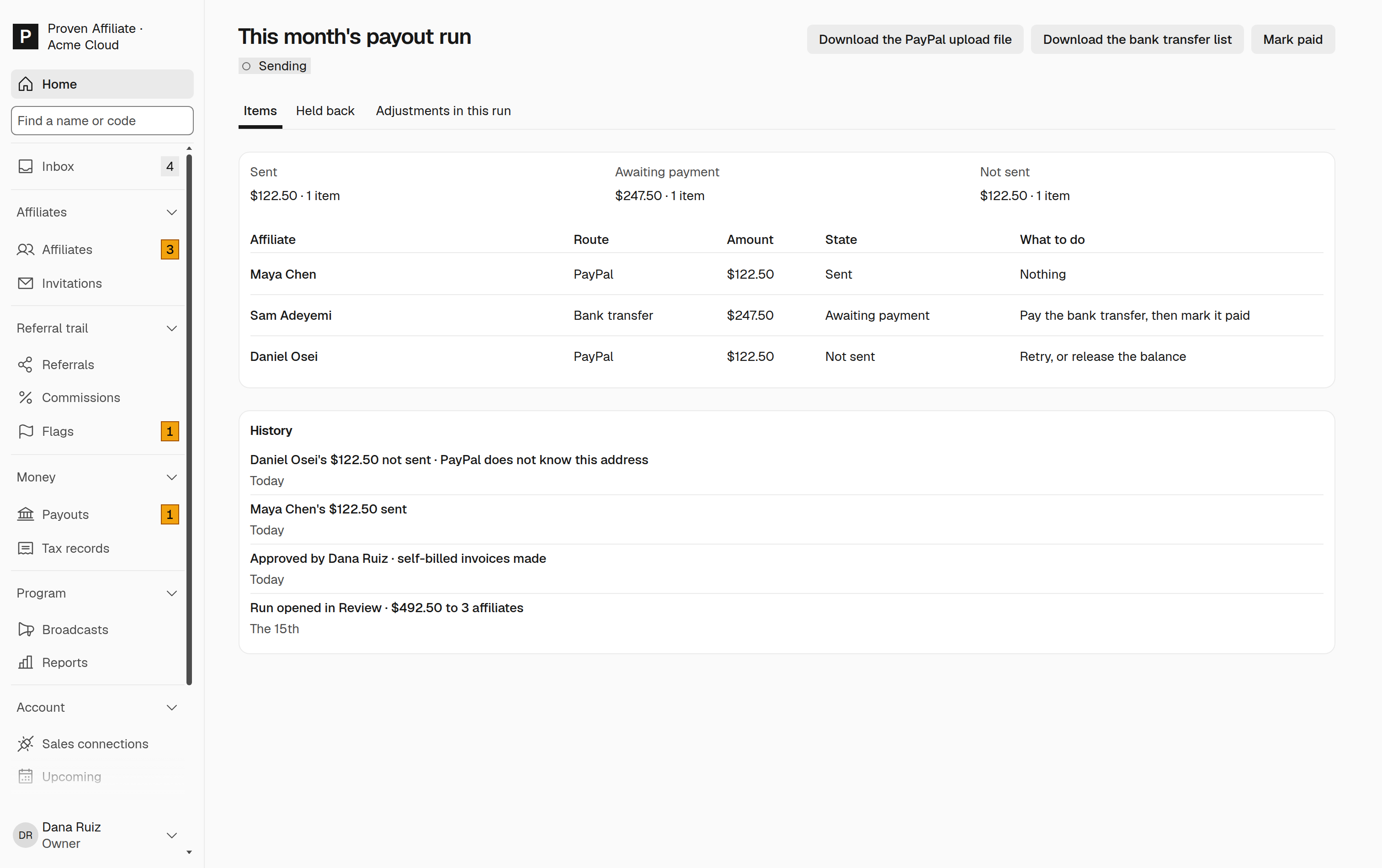 The monthly payout run, approved once, with the PayPal file