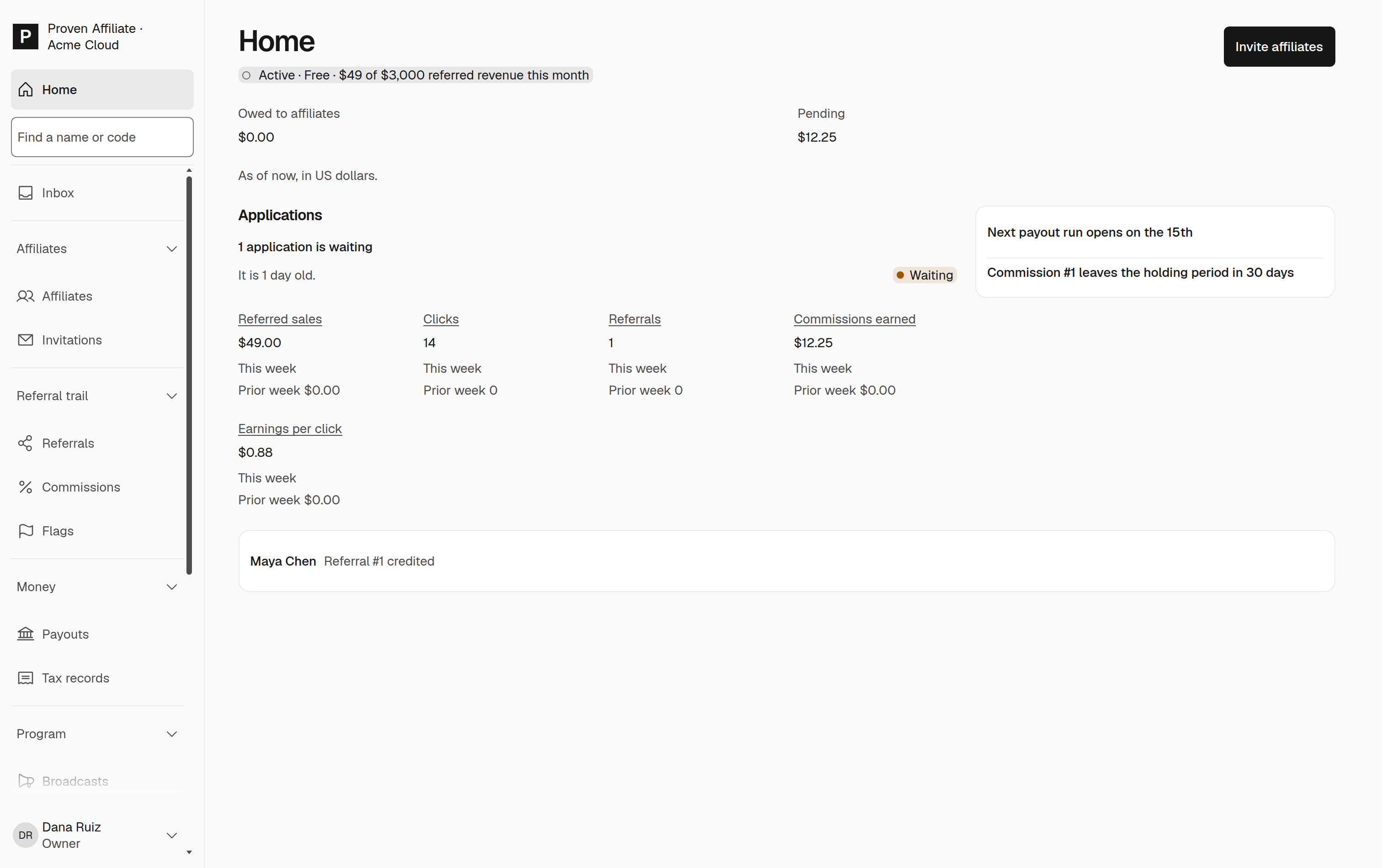 Your Home with the first referral credited: Maya Chen, a $49.00 sale, $12.25 commission