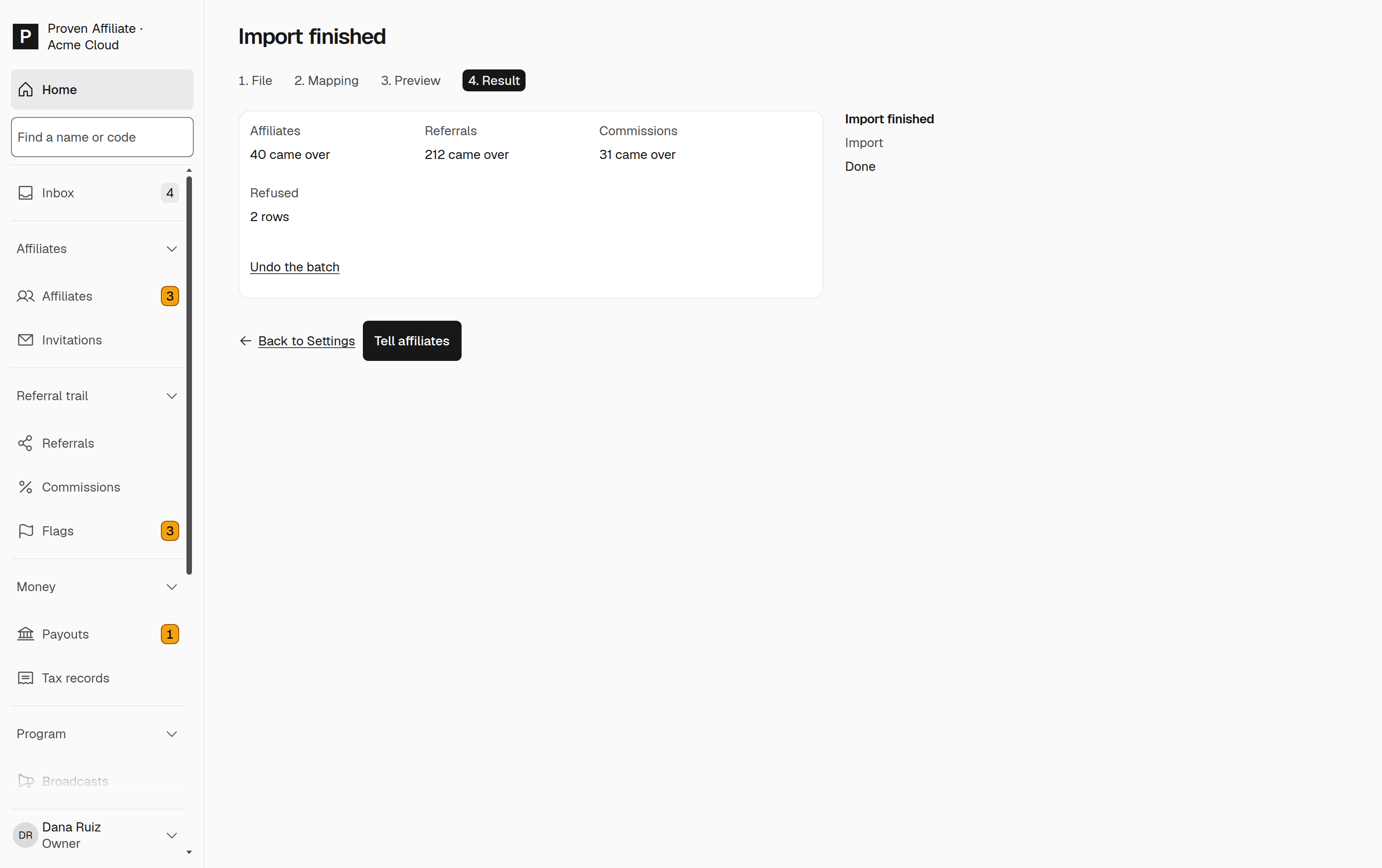 Your finished import in History: 40 affiliates, 212 referrals, and 31 open recurring commissions, with 2 refused rows